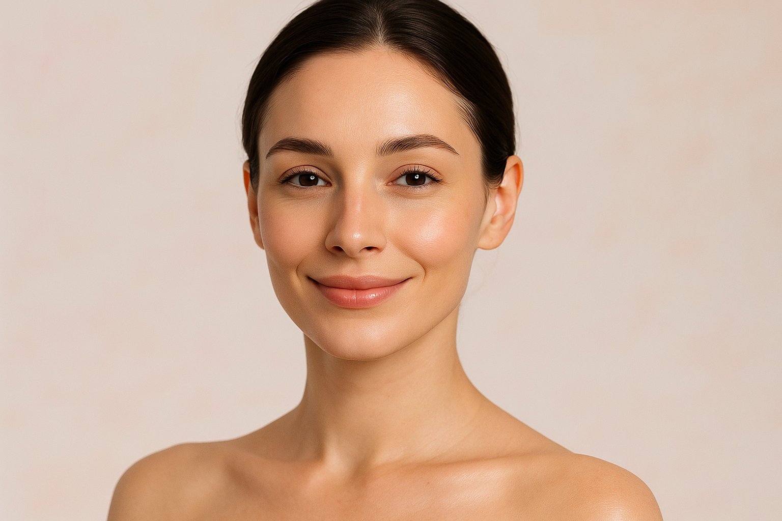 graceful woman with healthy, luminous skin and a gentle smile. A short-up close portrait with soft pastel background, clean and professional look, radiating confidence and natural beauty. Ideal for a skincare, dental care, and cosmetic brand’s footer design#